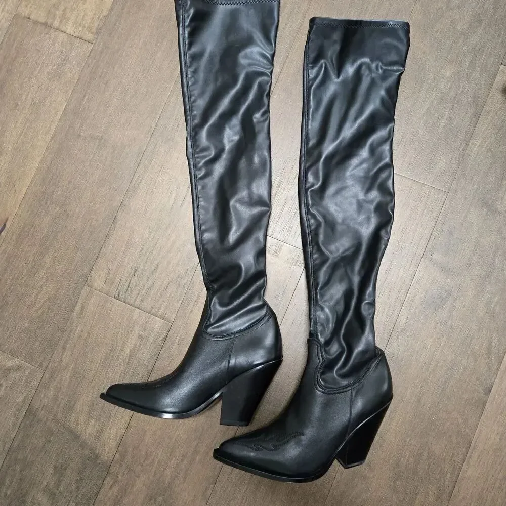 $997 NWOB SONORA TEXAN OVER THE KNEE Black Leather COWBOY BOOTS WOMEN Size 40 9